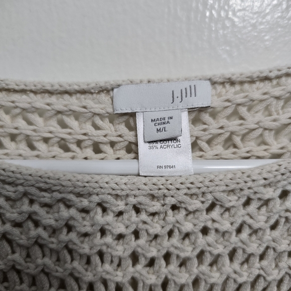 J Jill Fringe Boardwalk Open Stitch Poncho Sweater M L Beige Crochet Boho - Picture 4 of 7